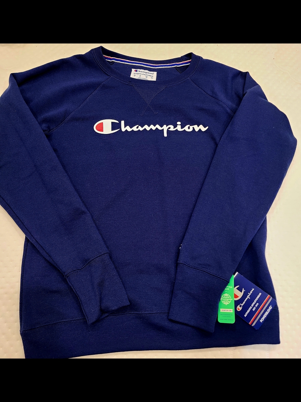 Champion Navy Crewneck Sweatshirt with White & Red Logo